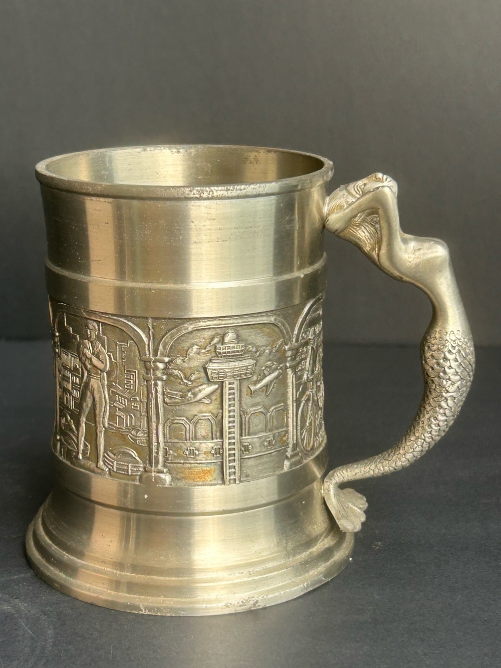 Vintage embossed Mermaid Handle MUG Phoenix Pewter/Tin 97% Singapore 4.5”